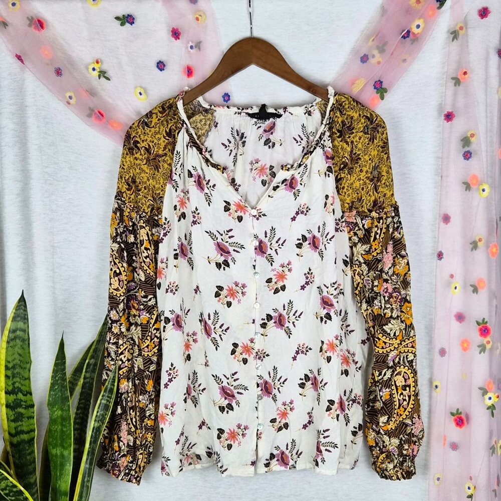 Jane + Delancey Boho Floral Blouse Mixed Print Peasant Top XL